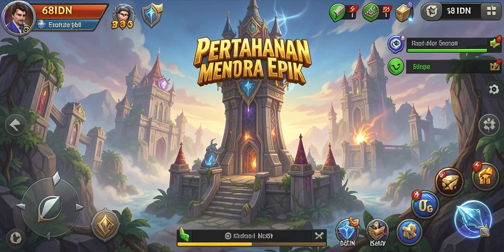 Tampilan gameplay mendebarkan di 68IDN dengan menara dan musuh.