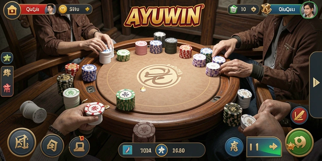 Screenshot AYUWIN menampilkan aksi intens dalam permainan QiuQiu.