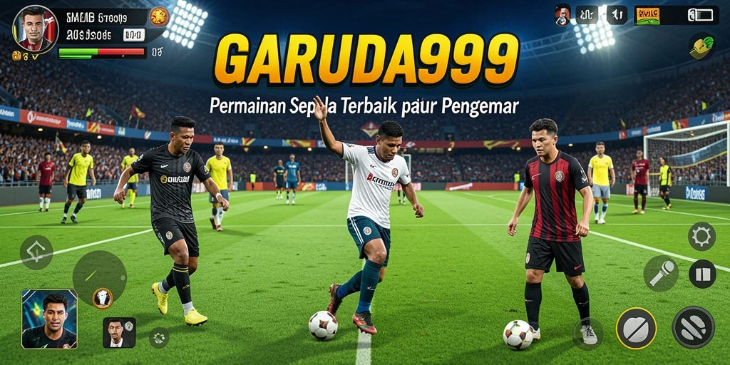 Screenshot gameplay GARUDA999 menunjukkan aksi seru di lapangan sepak bola.