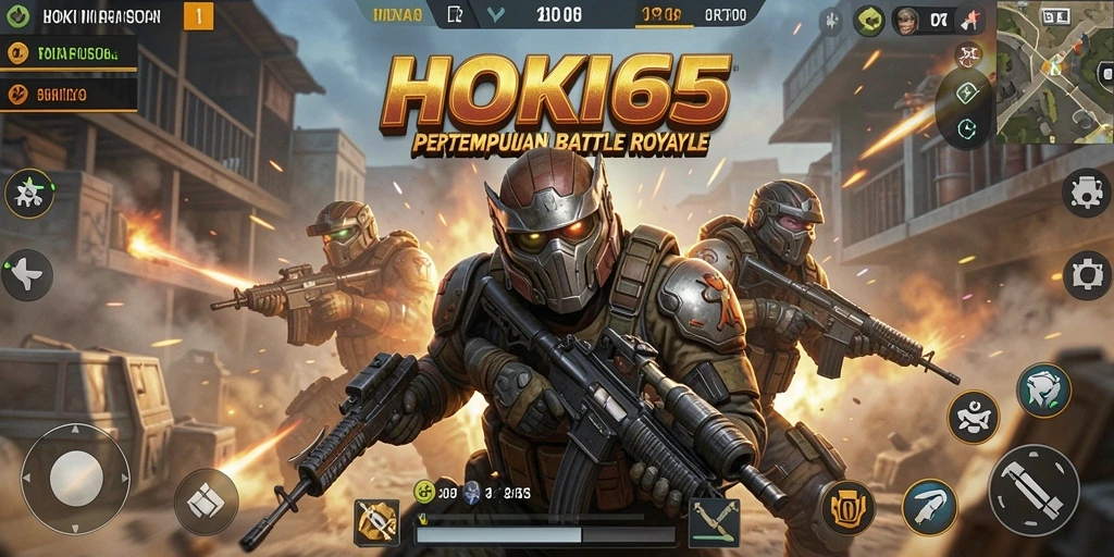 Screenshot utama HOKI65 menampilkan aksi seru dalam game Battle Royale.