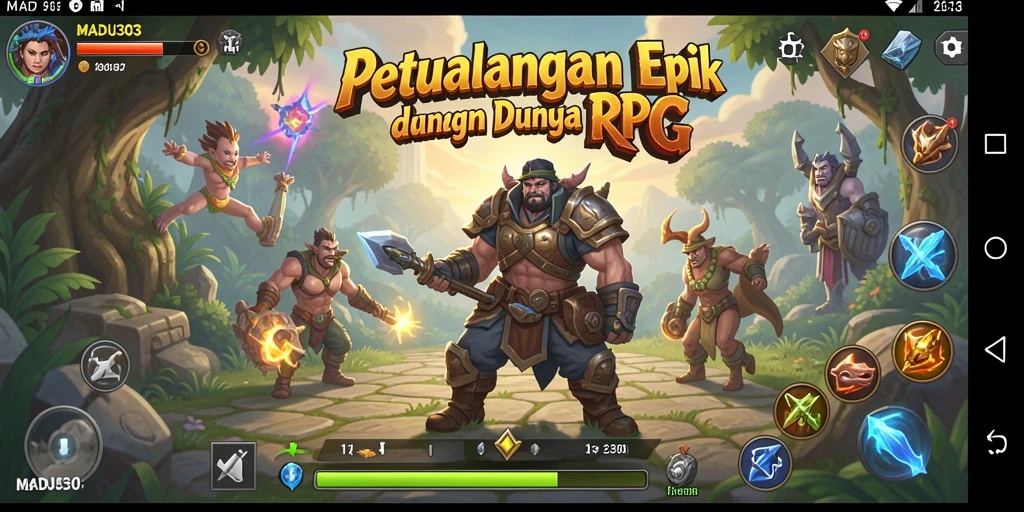 Screenshot gameplay MADU303 menampilkan aksi pertarungan yang intens dan dunia RPG yang memukau.