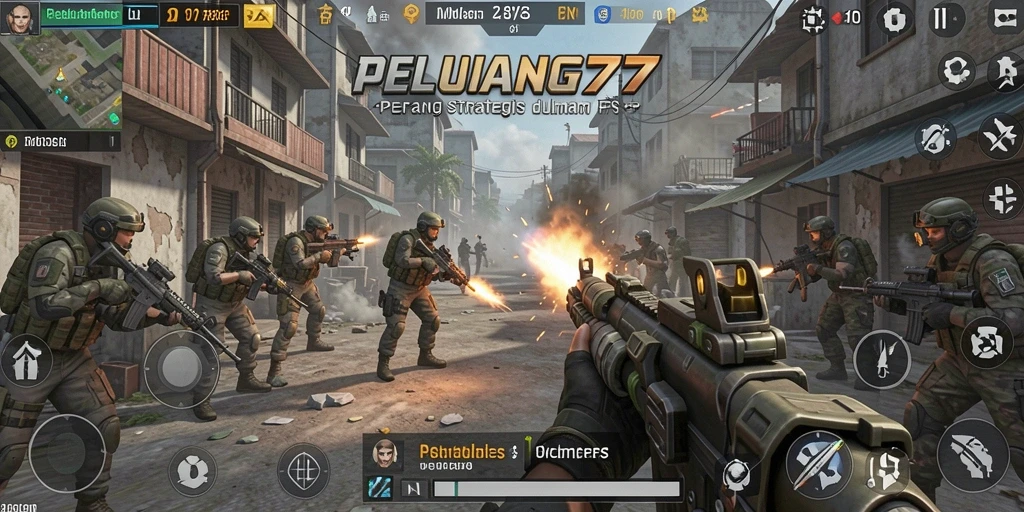 Screenshot PELUANG77 menampilkan aksi pertempuran yang intens dalam mode FPS.
